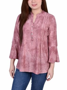 Ny Collection Petite 3/4 Bell Sleeve Printed Pleat Front Y-neck Top PL